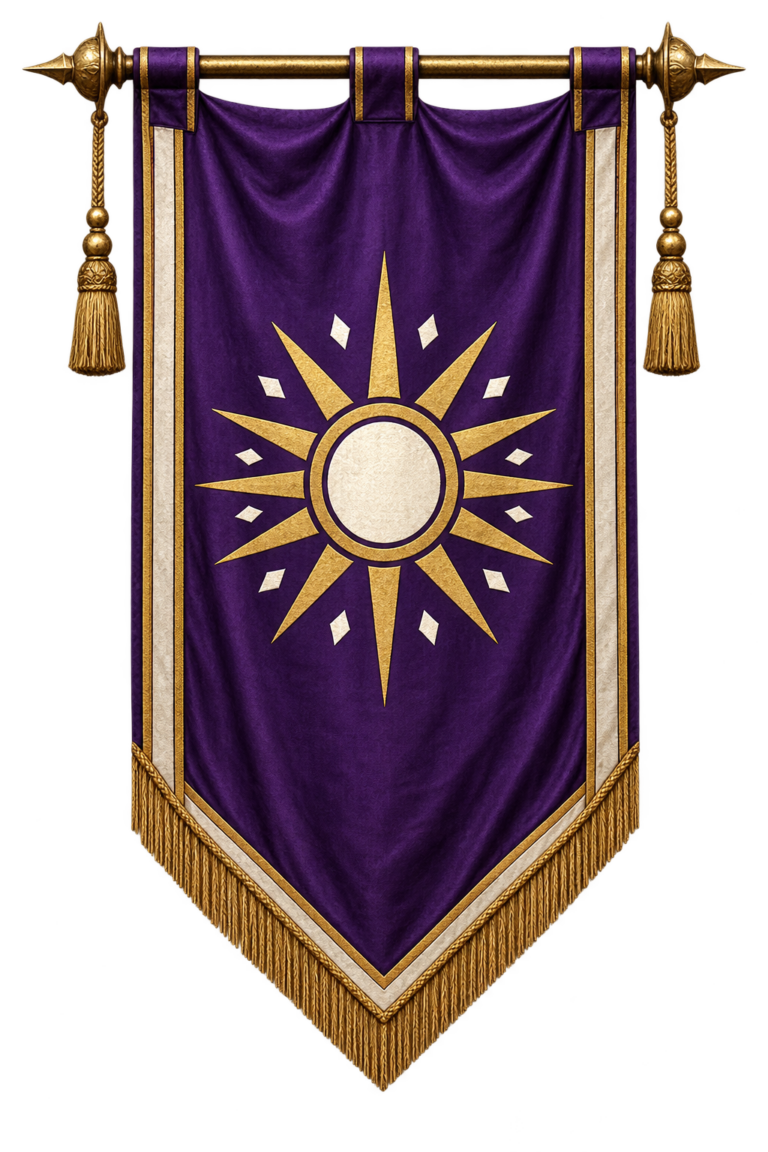 Covenant banner: A radiant gold and ivory seal on purple.