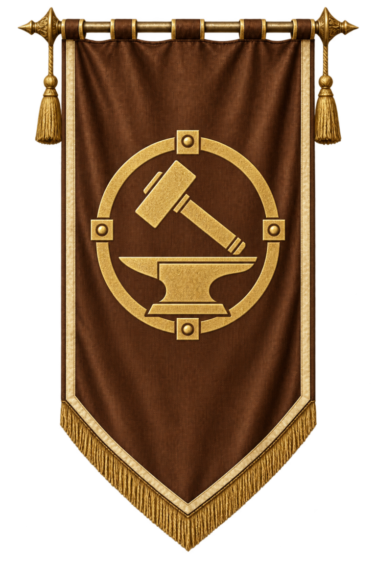 Dunward banner: A golden hammer and anvil enclosed by a craft surround on brown.