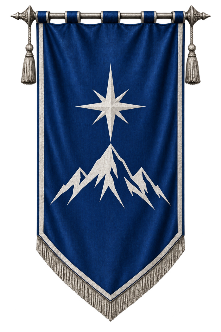 Stenmark banner: A silver star above mountain peaks on blue.
